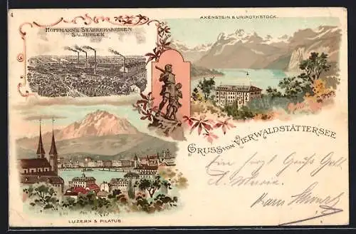 Lithographie Luzern /Vierwaldstättersee, Teilansicht mit Pilatus, Salzuflen, Hoffmann`s Stärkefabriken, Reklame