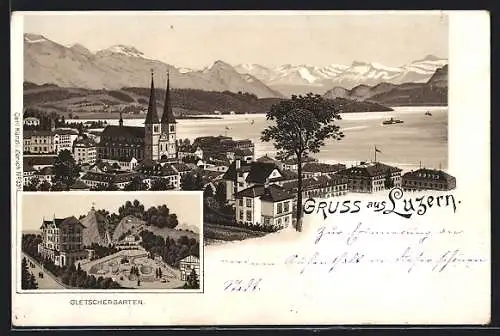 Lithographie Luzern, Gletschergarten, Stadtansicht von oben mit Seeparorama um 1900