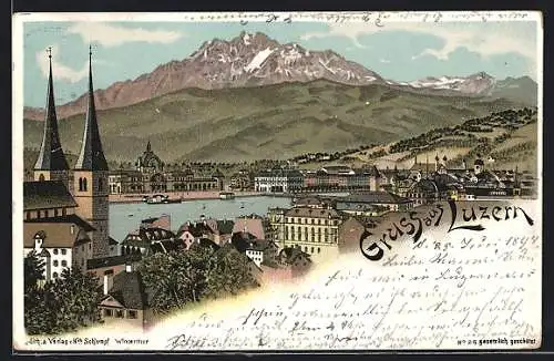 Lithographie Luzern, Flusspartie gegen Bergpanorama