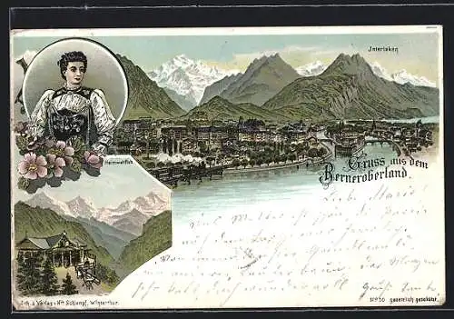 Lithographie Interlaken / Berneroberland, Gesamtansicht, Heimwehfluh, Frau in Tracht