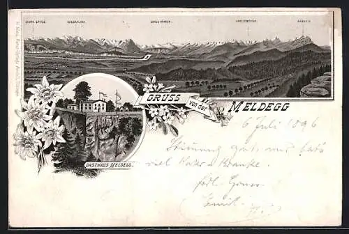 Lithographie Meldegg, Gasthaus, Zimpa Spitze, Graue Hörner