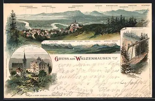 Lithographie Walzenhausen, Blick auf den Ort, Drahtseilbahn, Hotel Rheinburg