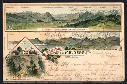 Lithographie Meldegg, Gasthaus zur Meldegg, Panorama von der Meldegg gegen Süden mit Alvier, Altmann und Säntis