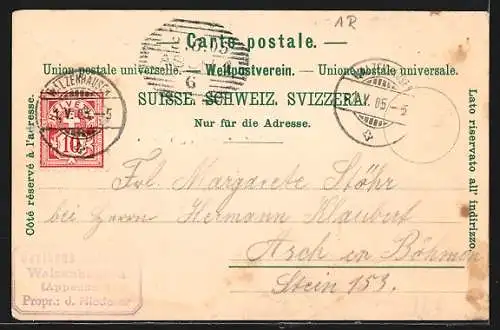 Lithographie Meldegg, Gasthaus zur Meldegg, Panorama von der Meldegg gegen Süden mit Alvier, Altmann und Säntis