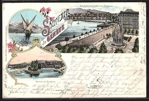 Lithographie Genève, Vue de Genève et Monument Brunswick, Lac Léman, Ile Rousseau