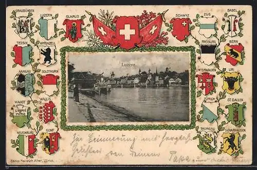 Präge-AK Luzern, Uferpartie, Wappen von Zug, Basel und Bern, Passepartout