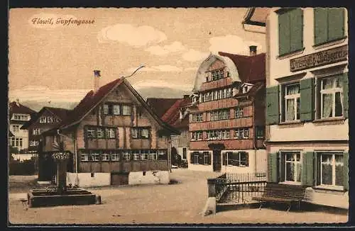 AK Flawil, Strasse Gupfengasse mit Gasthaus und Brunnen