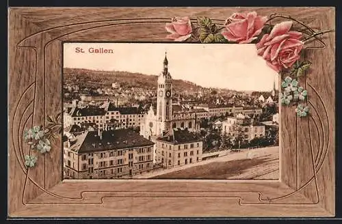 AK St. Gallen, Blick auf Kirche, Passepartout