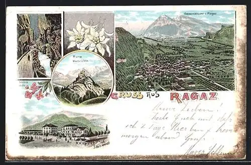 Lithographie Ragaz, Gesamtansicht des Ortes, Ruine Wartenstein, Taminaschlucht, Hotel & Pension Rosengarten
