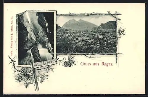 AK Ragaz, Blick auf die Ortschaft, Tamina Schlucht (Quelle)