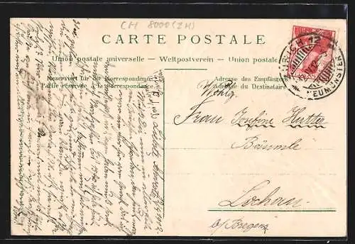 AK Zürich, Uferpartie mit Kirche, Alpenblumen, Passepartout