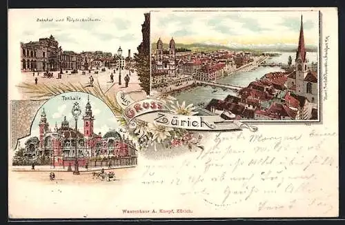 Lithographie Zürich, Bahnhof & Polytechnikum, Tonhalle, Ortsansicht