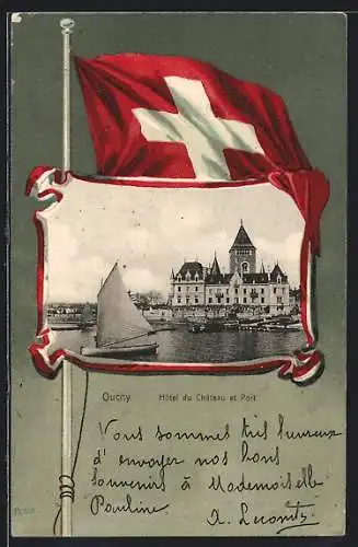 AK Ouchy, Hotel du Chateau et Port, Passepartout mit Schweizer Flagge