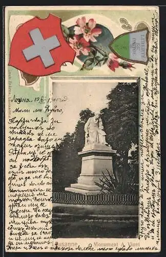 AK Lausanne, Monument A. Vinet mit Passepartoutrahmen Wappen