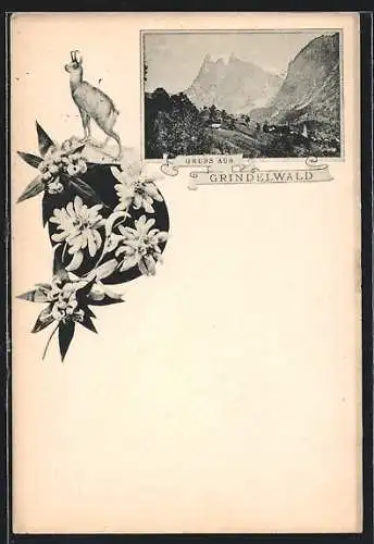 AK Grindelwald, Ortsansicht im Bergidyll, Edelweiss und Gämse im Passepartout