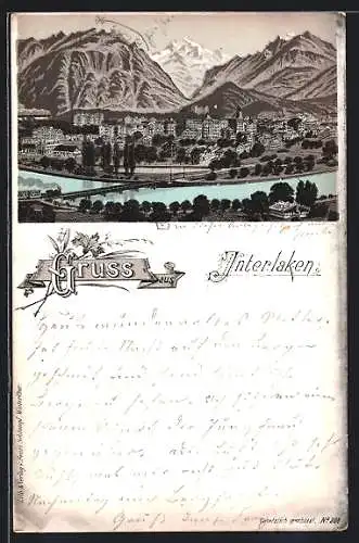 Lithographie Interlaken, Ortsansicht gegen die Berge
