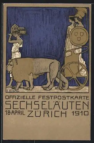 Künstler-AK Zürich, Sechseläuten 1910, Festzug in der Antike, Löwen