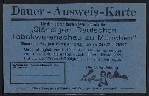 AK München, Tabakwarenschau, Blumenstr. 24, Dauer-Ausweis-Karte