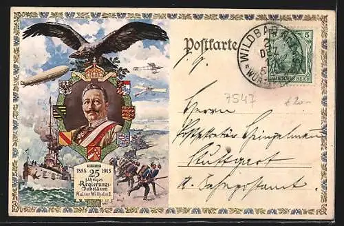 AK Wildbad / Schwarzwald, Ortsansicht und Kaiser Wilhelm II. zum 25-jährigen Regierungsjubiläum 1913