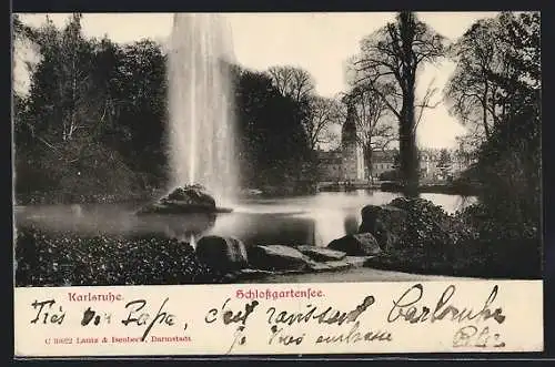 AK Karlsruhe, Schlossgartensee mit Fontäne