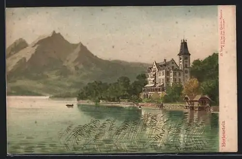 Künstler-AK Hertenstein, Teilansicht des Ortes mit Seepartie, um 1900