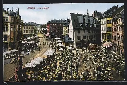 AK Mainz, der Markt mit Geschäften aus der Vogelschau