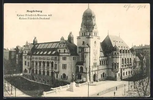 AK Magdeburg, Kaiser-Friedrich-Museum mit Kaiser-Friedrich-Denkmal