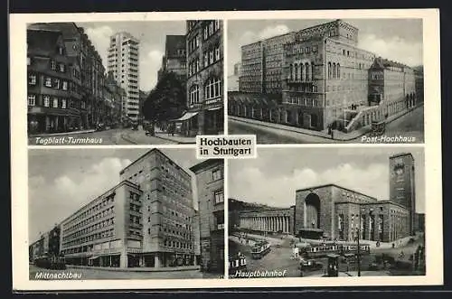 AK Stuttgart, Tagblatt-Turmhaus, Mittnachtbau und Hauptbahnhof mit Strassenbahnen