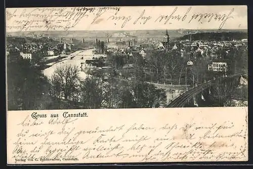 AK Cannstatt, Teilansicht mit Flusspartie und Eisenbahnbrücke