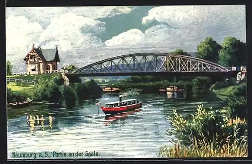 Künstler-AK Naumburg, Saale mit Brücke und Schiff