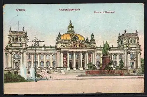 AK Berlin, das Bismarck-Denkmal vor dem Reichstagsgebäude