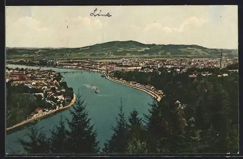 AK Linz a. d. D., Gesamtansicht mit Brücke
