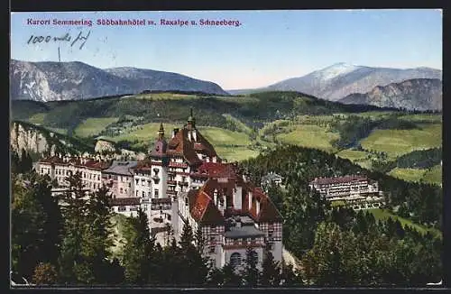 AK Semmering, Südbahnhotel mit Raxalpe und Schneeberg