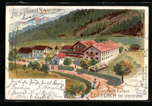 Lithographie Innsbruck, Blick über das Kurbad Egerdach