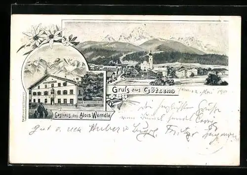 AK Götzens i. Tirol, Das Gasthaus des Alois Wörndle, Ortsansicht gegen die Berge