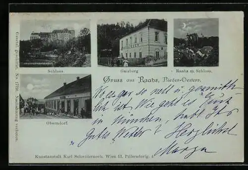 Mondschein-AK Raabs /Nieder-Oesterr., Das Schloss, Hotel Eder in Gaisberg, Oberndorf