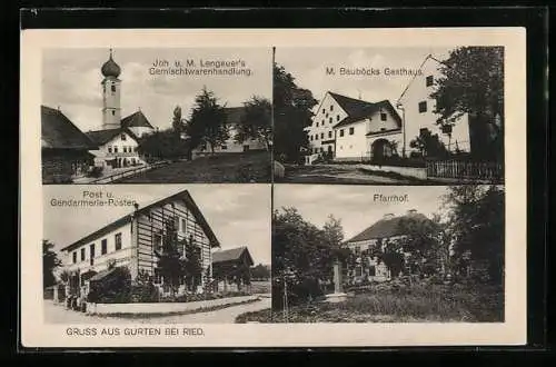 AK Gurten, Gasthaus Bauböck, Post u. Gendarmerie, Pfarrhof, Lengauer`s Gemischtwaren