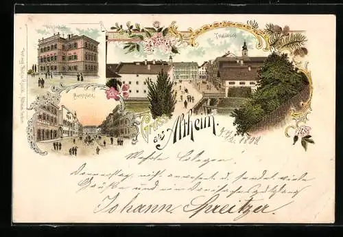 Lithographie Altheim, Marktplatz, Volksschule, Totalansicht