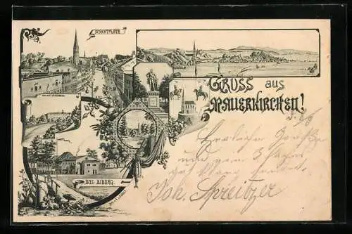 AK Mauerkirchen, Marktplatz, Josef II.-Denkmal, Schloss Spitzenberg, St. Florian-Kirche, Bad Biburg