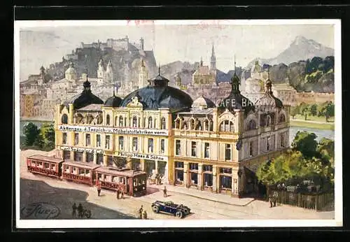Künstler-AK Salzburg, Bankhaus Carl Spängler & Co., Bismarckstrasse, Strassenbahn