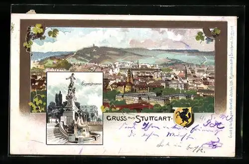 Lithographie Stuttgart, Eugensbrunnen und Stadtansicht