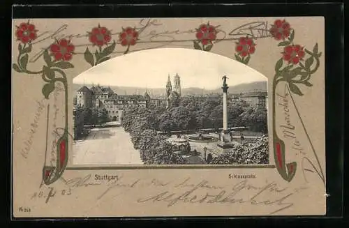 Passepartout-AK Stuttgart, Schlossplatz mit Denkmal, Blumenrahmen