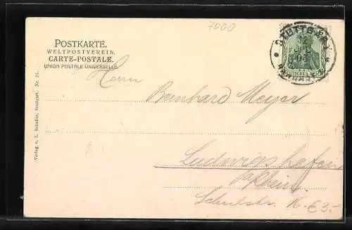 Passepartout-AK Stuttgart, Schlossplatz mit Denkmal, Blumenrahmen