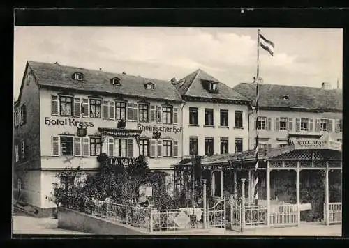 AK Rüdesheim a. Rhein, Hotel Krass / Rheinischer Hof, Inh. Carl Jordan, Bes. J. A. Krass