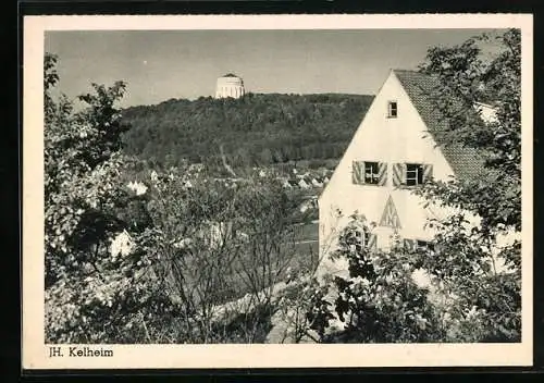 AK Kelheim, Jugendherberge, Blick zur Befreiungshalle auf dem Michelsberg