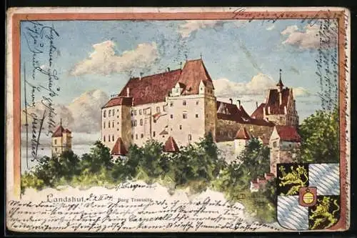 Künstler-AK Landshut, Blick auf Burg Trausnitz