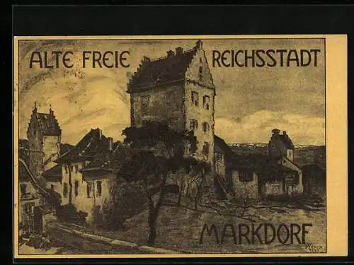 Künstler-AK Markdorf, Teilansicht der alten freien Reichsstadt