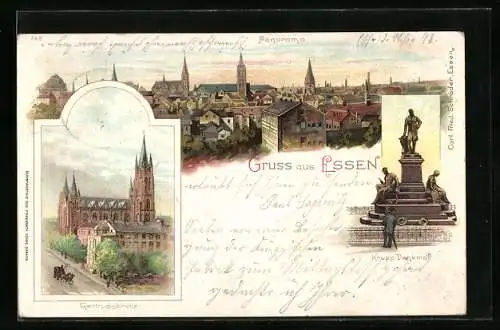 Lithographie Essen, Panorama, Krupp-Denkmal, Gertrudiskirche, Kutsche