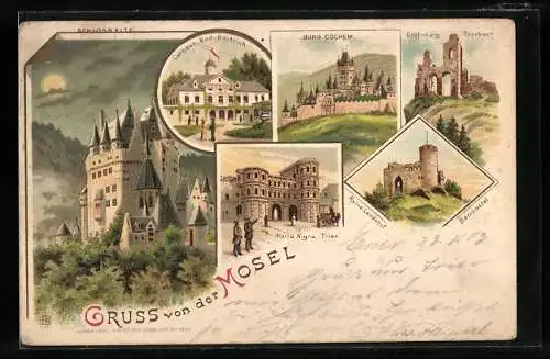 Lithographie Trier, Schloss Eltz, Porta Nigra, Ruine Landshut, Gräfinburg Trarbach, Burg Cochem