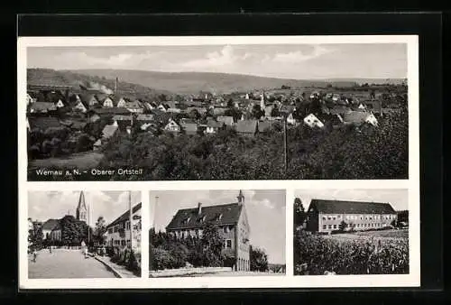 AK Wernau a. N., Blick zur Kirche, Schulgebäude, Gesamtansicht